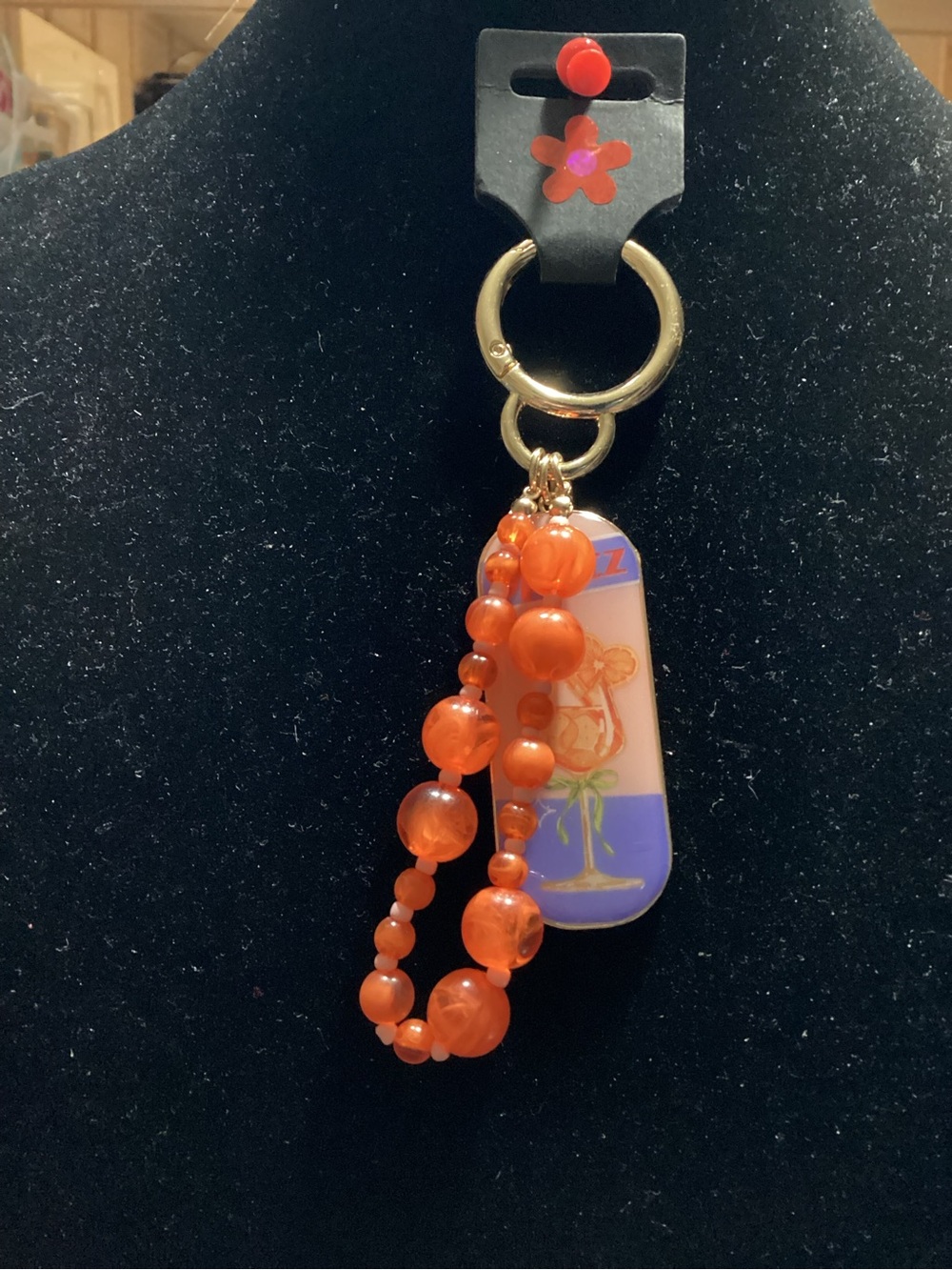 Orange Beaded Bag Charm with Gold Ring